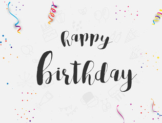 Happy birthday colorful balloons, vector illustration. Confetti and ribbons, Celebration background template with.