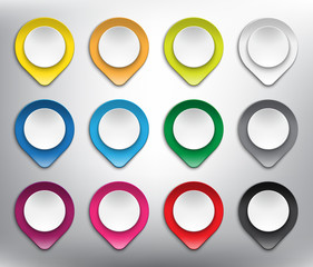 Collection of 12 blank map markers. Paper pointer icons collection. Isolated with realistic shine and shadow on the light background. Vector illustration. Eps10.