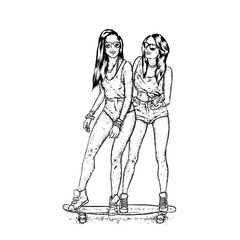 Pretty girls in tops and shorts stand on a skateboard. Vector illustration for a postcard or a poster. Bright, colorful drawing.