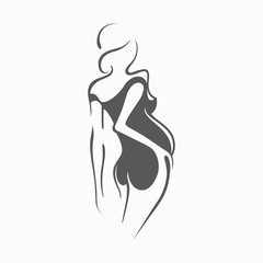 Obraz na płótnie Canvas Drawing linear beautiful pregnant girl in dark clothes. Birth of a child. Vector graphic illustration, draw black and white silhouette for design.