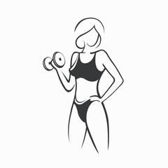 Sporty fit woman in the gym. Picture of a beautiful sexy girl with dumbbells in her hands. Vector illustration of a graphic outline silhouette