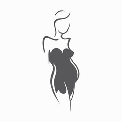 Drawing linear beautiful pregnant girl in dark clothes. Birth of a child. Vector graphic illustration, draw black and white silhouette for design.