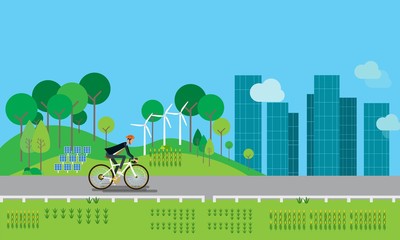 flat businessman character biking on the road and energy conservation concept 
