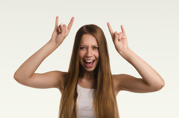 Beautiful  woman gesticulating. Casual girl portrait. Young attractive woman. Studio shot.