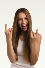 Beautiful  woman gesticulating. Casual girl portrait. Young attractive woman. Studio shot.