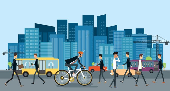 Flat Businessman Biking On The Road  Go To Work In Urban With Business People And  Energy Saving Concept
