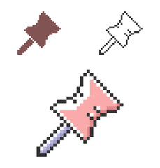 Pixel icon of drawing pin in three variants. Fully editable