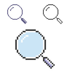 Pixel icon of magnifying glass in three variants. Fully editable