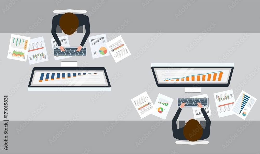Poster two businessman analytics investment and finance graph report on monitor concept and business team w