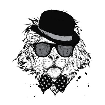 A beautiful lion in a tie, glasses and a hat. Vector illustration for a postcard or a poster, print for clothes. Lion hipster in clothes. Fashion & Style.