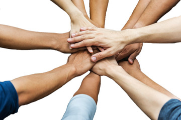 Group of business people hands in solidarity teamwork concept;  on white background.