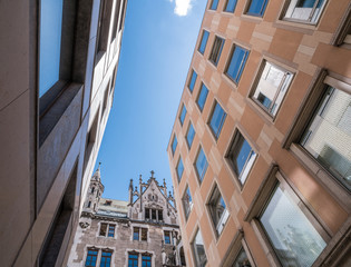 The New Town Hall and modern building in city Munich, Germany