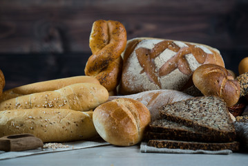 Different bread and bread slices. Food background.