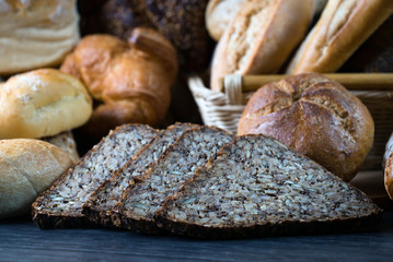 Different bread and bread slices. Food background.