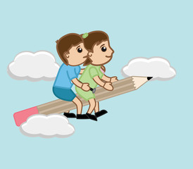 Kids Sitting on Pencil and Flying