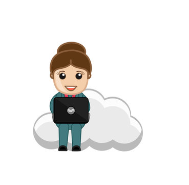 Cartoon Businesswoman Working on Laptop over the Cloud computing