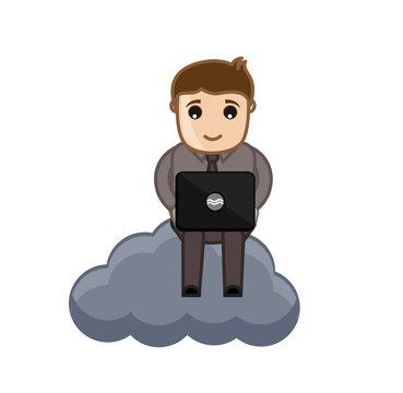 Cartoon Businessman Working on Laptop over the Cloud