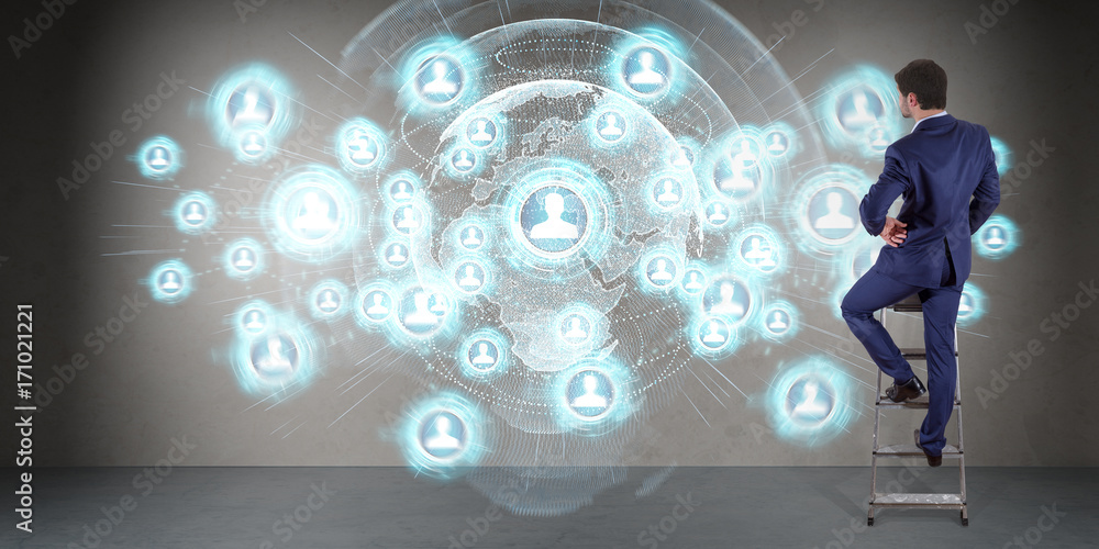 Poster businessman using social network interface on a wall 3d rendering