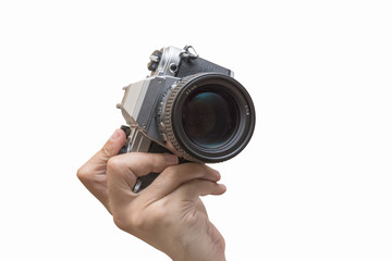 Hand Holding Vintage Camera Isolated On White Background