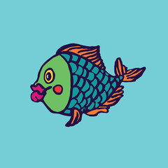 Funny green fish, hand drawn doodle color sketch in naïve, pop art style, vector illustration, isolated on blue