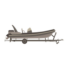 Vector car trailer with boat flat icon isolated side view illustration. Big black cart travel transport
