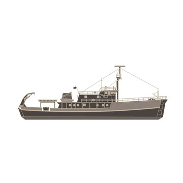 Vector cargo ship flat icon isolated. Vessel container side view illustration.