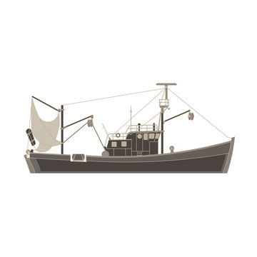 Vector fishing boat flat icon isolated. Vessel cargo ship illustration side view. Black catch commercial container cruise design. Industrial sea ship silhouette transport travel. Water transportation.