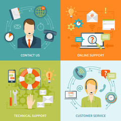 Contact Us Customer Support 2x2 Flat Icons Set