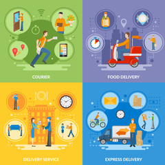  Delivery Courier People 2x2 Flat Icons Set