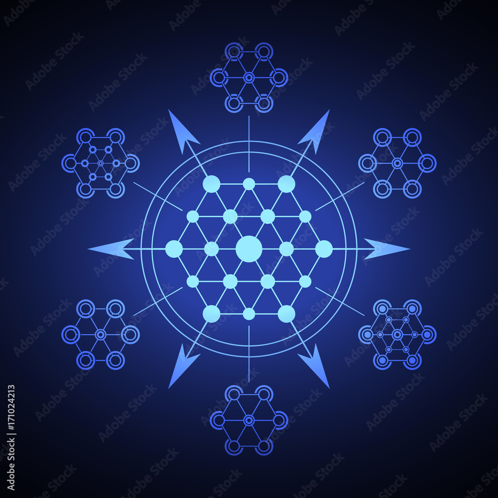 Poster sacred hexagonal geometry element on a blue background.