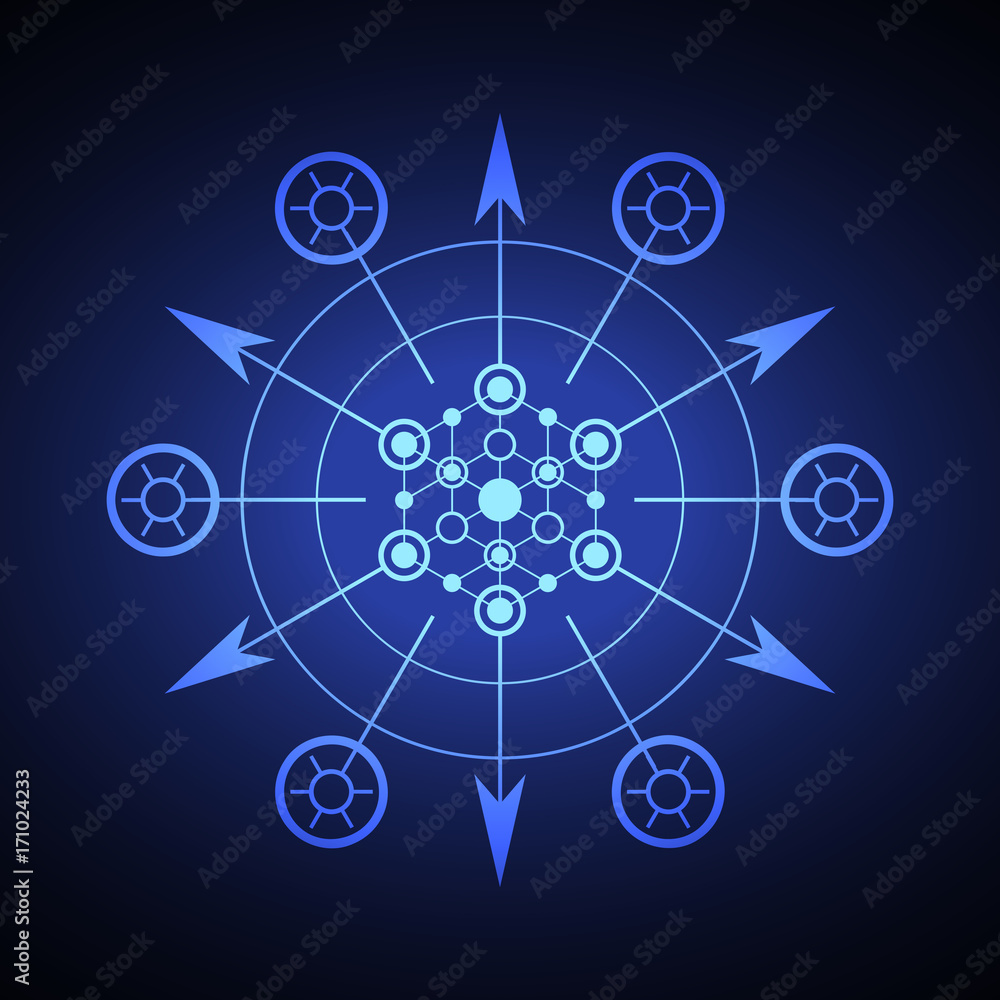 Poster sacred hexagonal geometry element on a blue background.