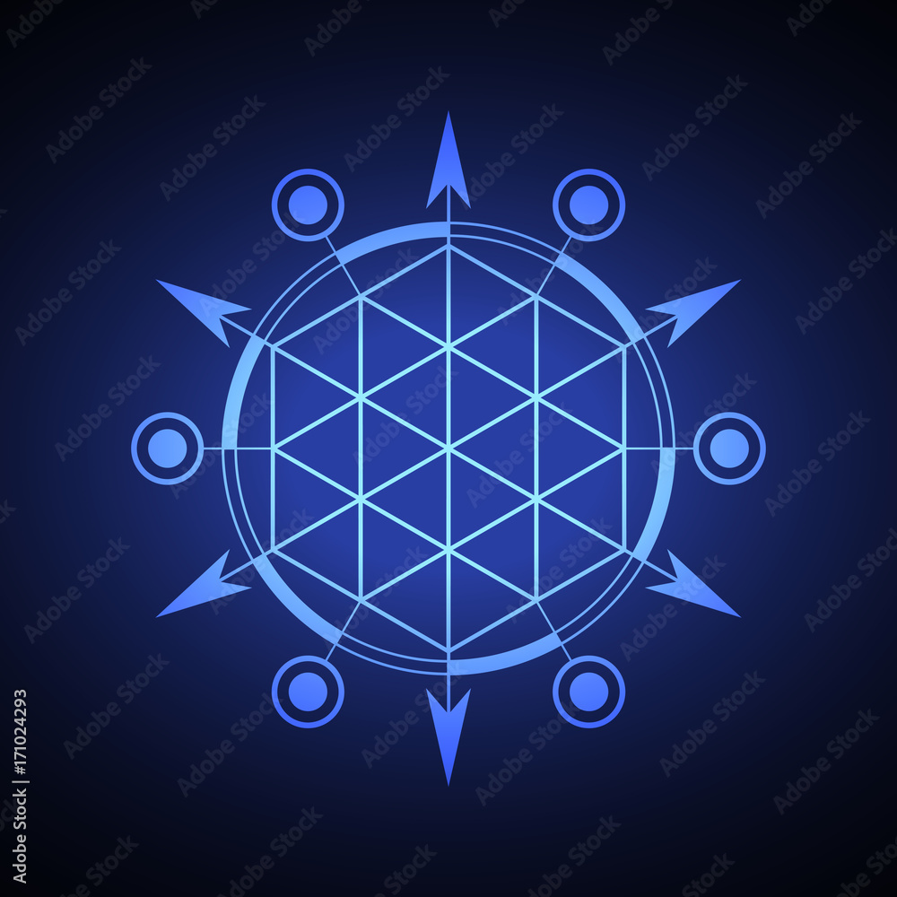 Poster sacred hexagonal geometry element on a blue background.