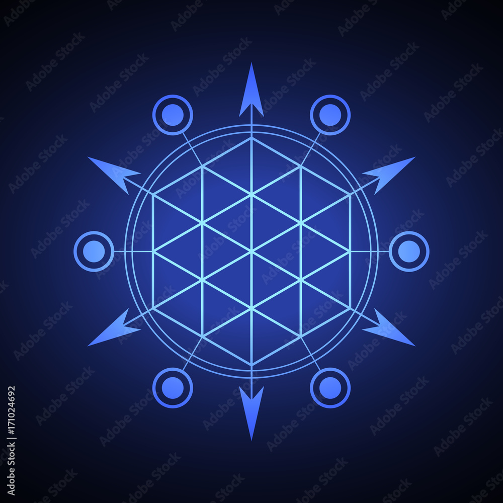 Poster sacred hexagonal geometry element on a blue background.