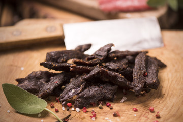 Beef Jerky on wooden background