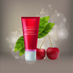 Cosmetic red mock-up with leaf and cherry realistic template illustration brand cream flask essential gel