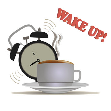 Wake up coffee vector waking morning clock illustration alarm sleep bed early bedroom.