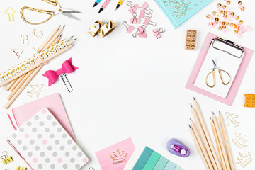 Frame with stylish stationery. Flat lay, top view trendy back to school concept.