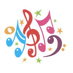 Music notes color .Abstract musical background. Vector illustration.Mensural musical notation.Colorful notes symbols.Note value.Music staff.