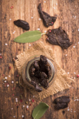 Beef Jerky on wooden background