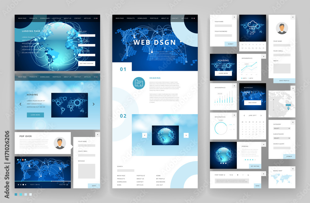 Wall mural website template design with interface elements