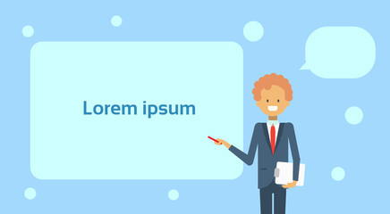 Businessman Pointing To Empty White Board, Showing An Copy Space, Business Man Presentation Or Conference Concept Flat Vector Illustration