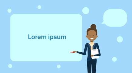 African American Businesswoman Pointing To Empty White Board, Showing An Copy Space, Business Woman Presentation Or Conference Concept Flat Vector Illustration