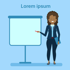 African American Businesswoman Pointing To Empty White Board, Showing An Copy Space, Business Woman Presentation Or Conference Concept Flat Vector Illustration