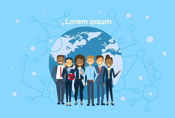 Diverse Group Of Businesspeople Over World Map Globe International Business People Team Concept Flat Vector Illustration