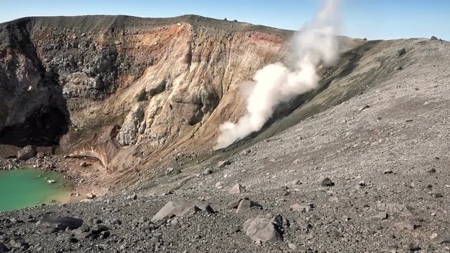 Panorama of the slope of Ebeko volcano on Paramushir Island. Kuril Islands, Russia
