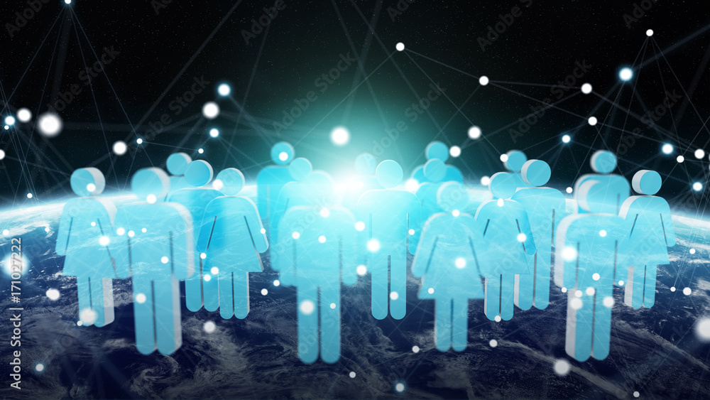 Poster 3d rendering group of icons people surrounding planet earth