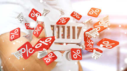 Businessman touching sales icons with a pen 3D rendering