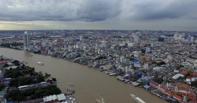 Aerial view of Chao Phraya river in Bangkok, Thailand.