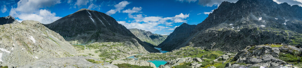 Panoramic view on mountain range with valley, mountain lakes and river, national park in Altai republic, Siberia, Russia