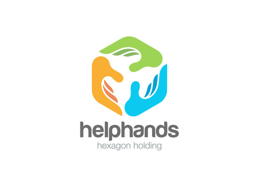 Social Three Hands Hexagon Logo vector. Help Teamwork Donation